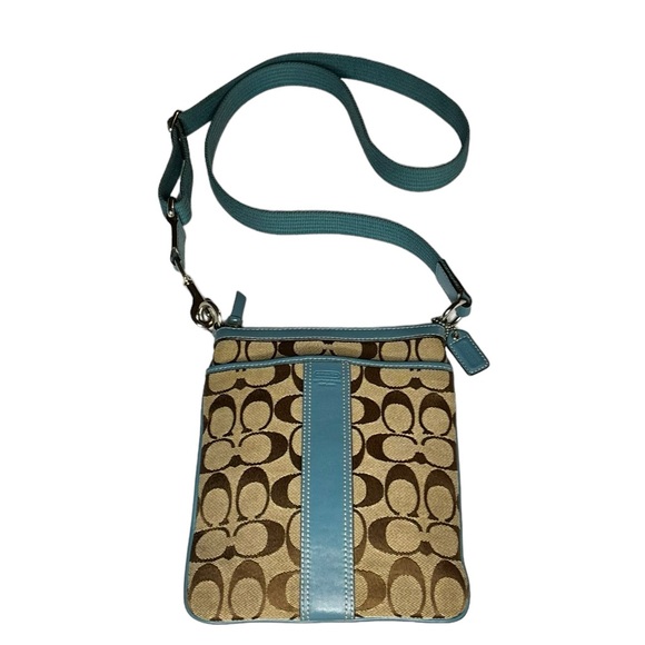 Coach Leatherware Signature Mono Canvas/Leather Crossbody/Swingpack-Tan/Blue - Picture 1 of 14